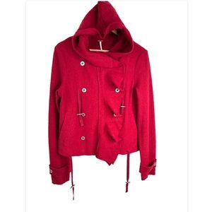 Free People Red Wool Military Coat S Double Breasted Ruffle Hood Y2K Whimsigoth